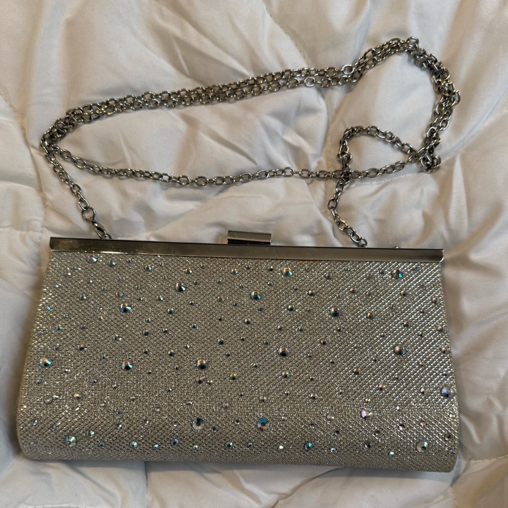 Silver Sparkly Clutch with Removable Chain Strap